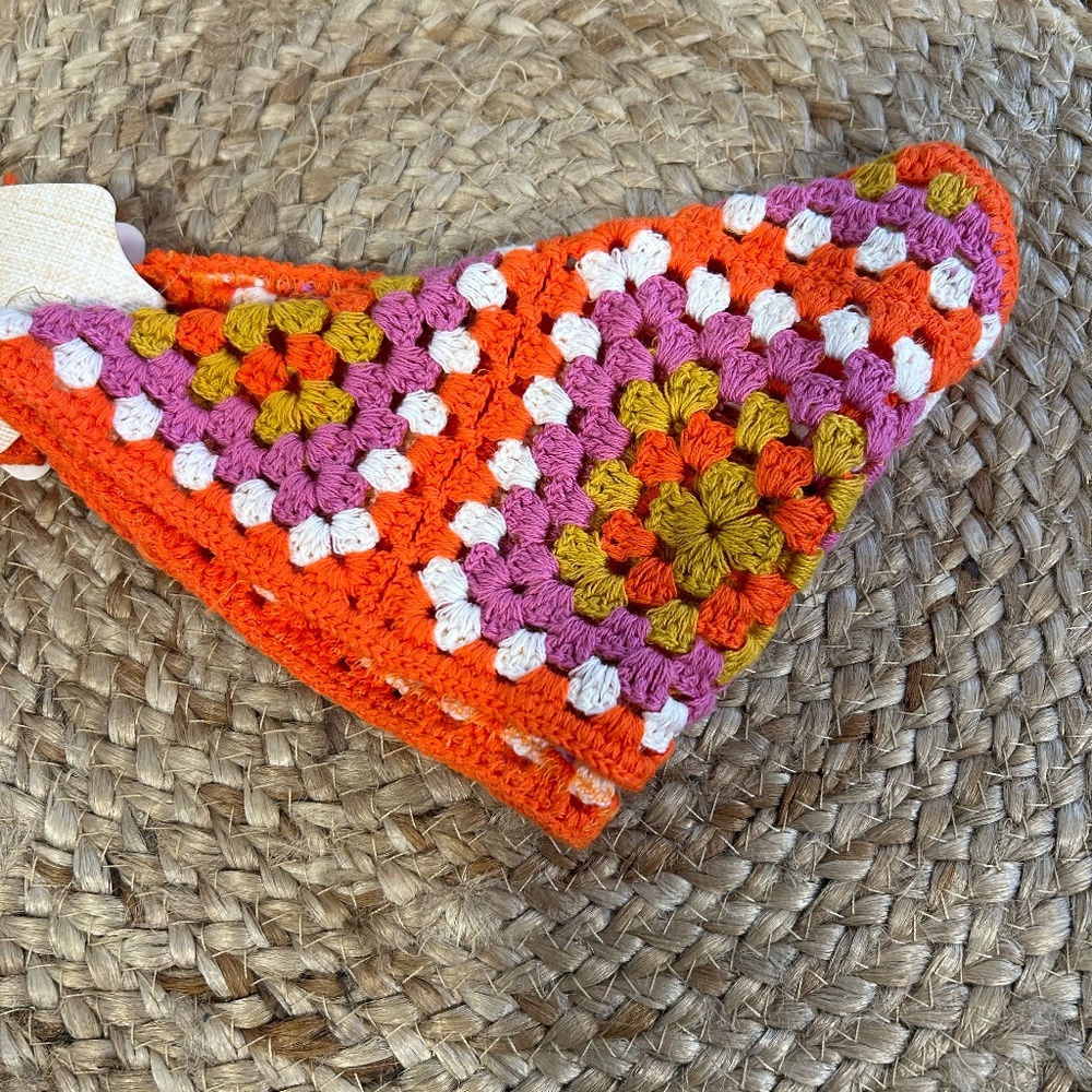 Pink Linen | Multicolor Square Pattern Orange Crochet Bandana